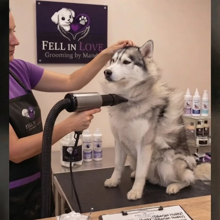Husky wird nach dem Bad geföhnt