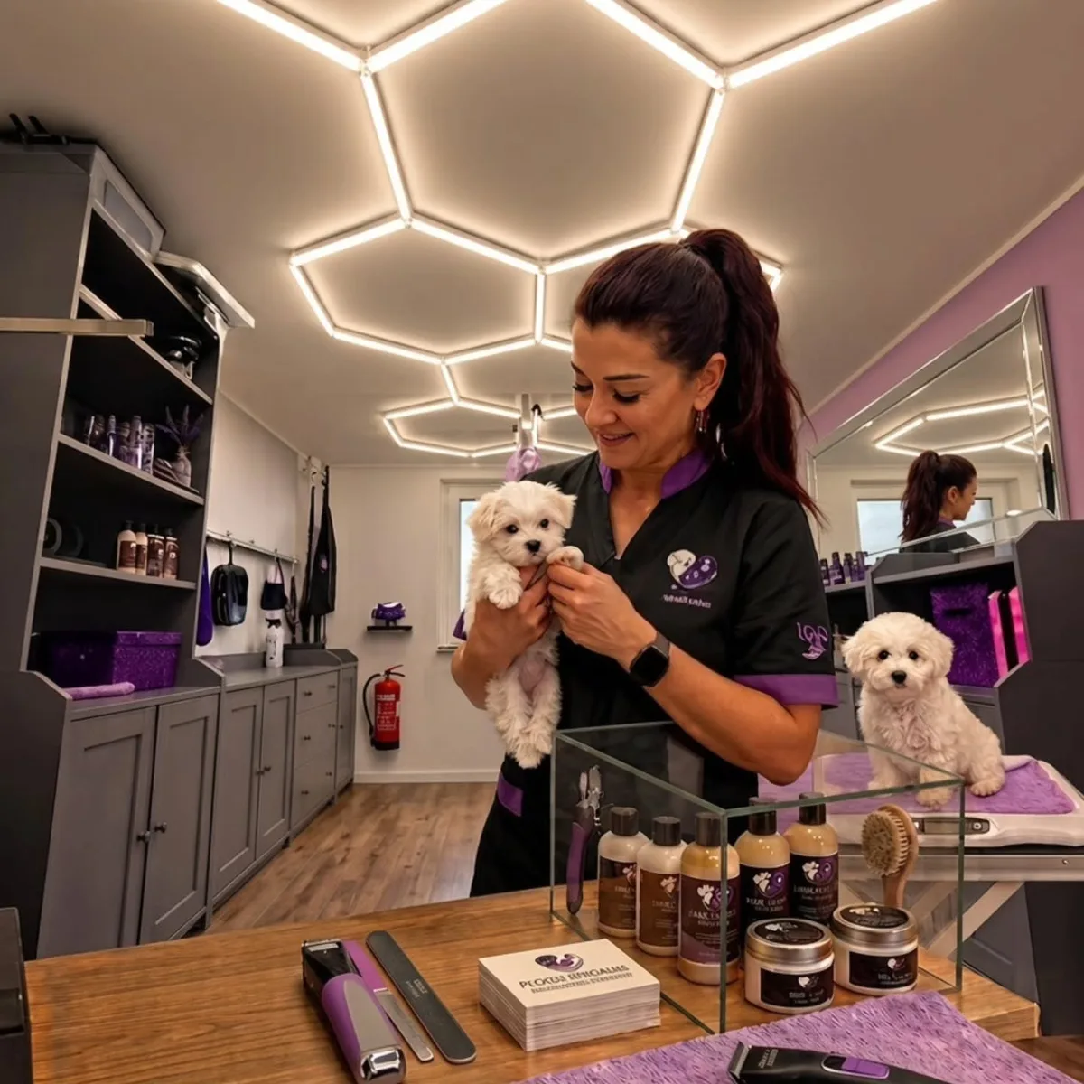 Mandy mit zwei Welpen im Salon von Fell in Love